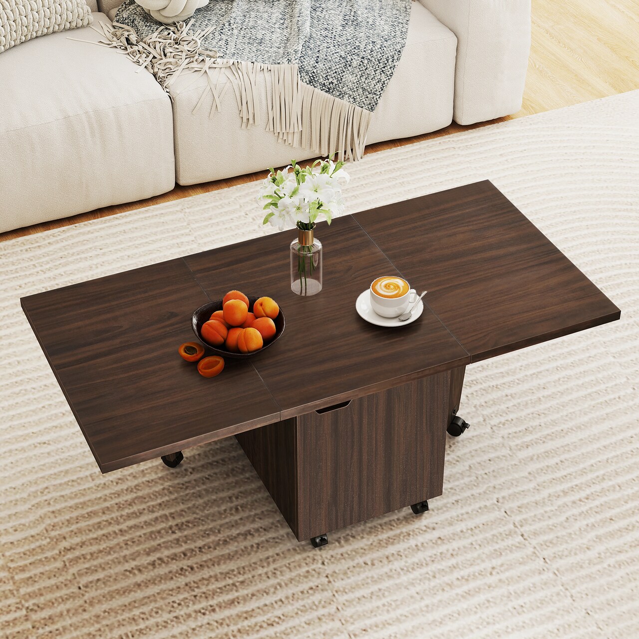 Foldable Coffee Table with Storage Cabinet and Extendable Top